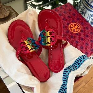 Tory Burch Ruby Red + RAINBOW Miller Leather Sandals